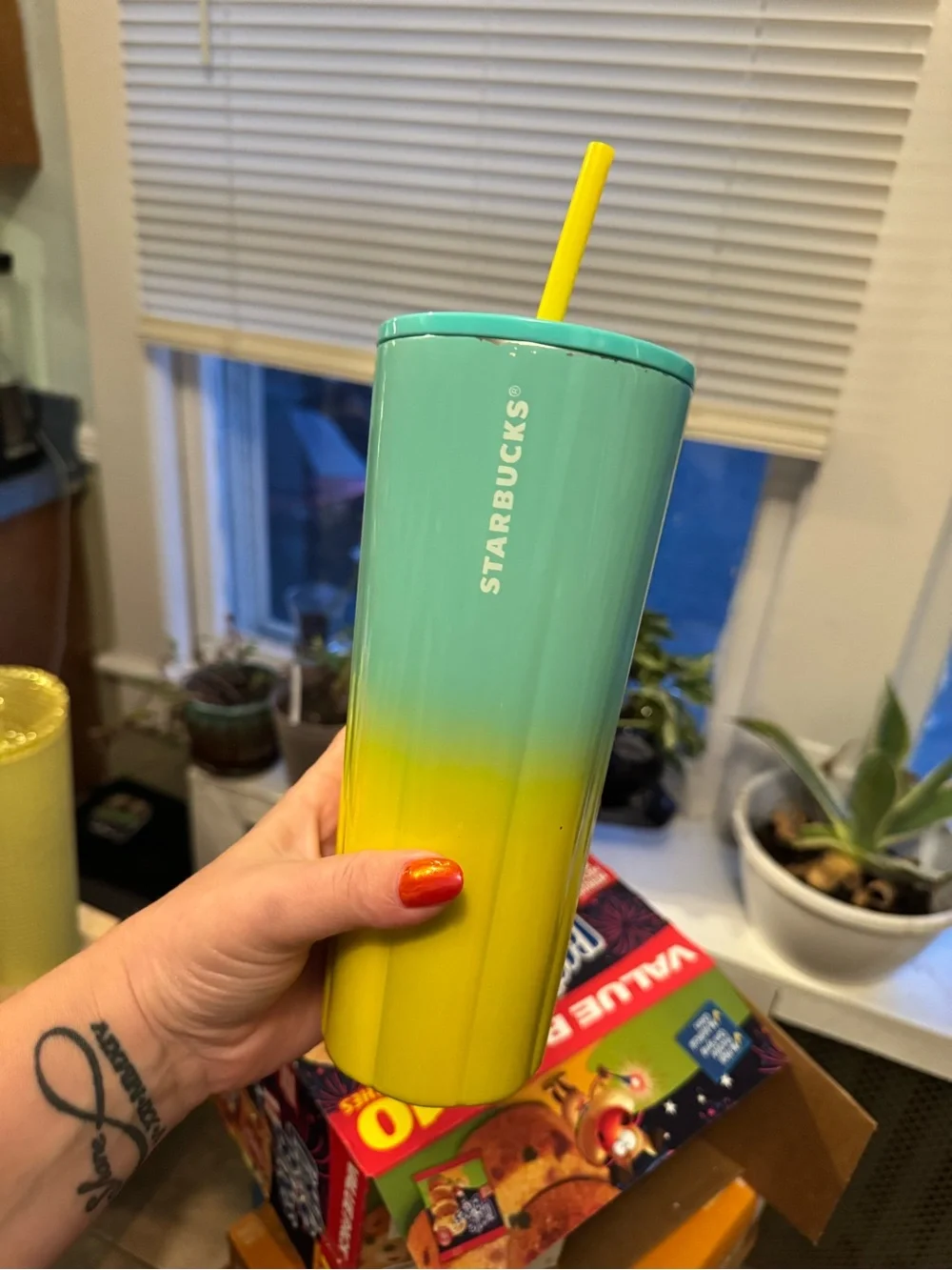 Starbucks Turquoise to Yellow Gradient Tumbler with Yellow Straw